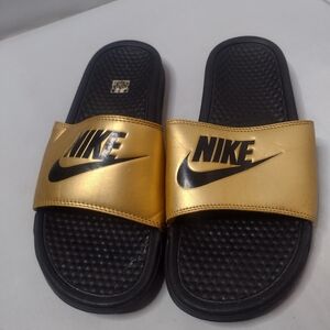 Nike Women's JDI Benassi Slides Sandals 10 Gold Black Swoosh Comfort A2